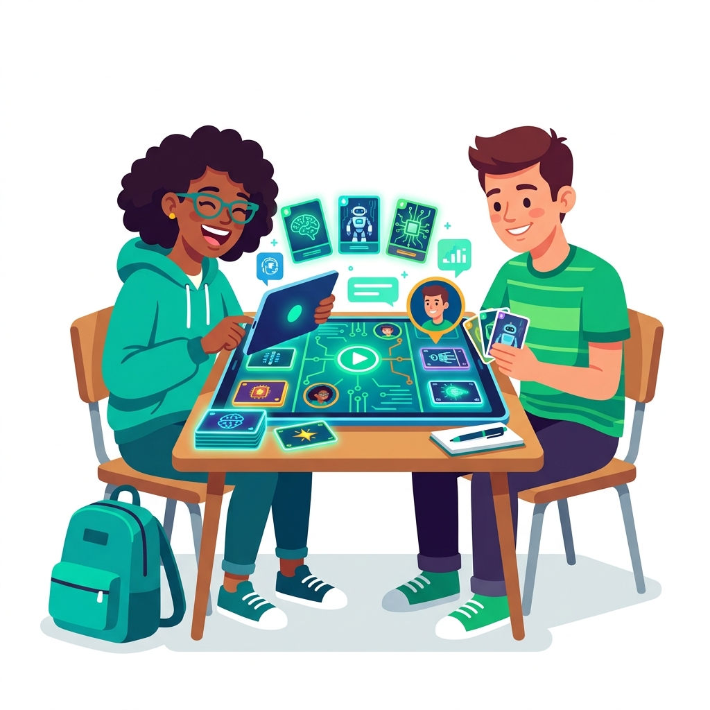 Kaksi oppilasta pelaa tekoälypeliä tabletilla