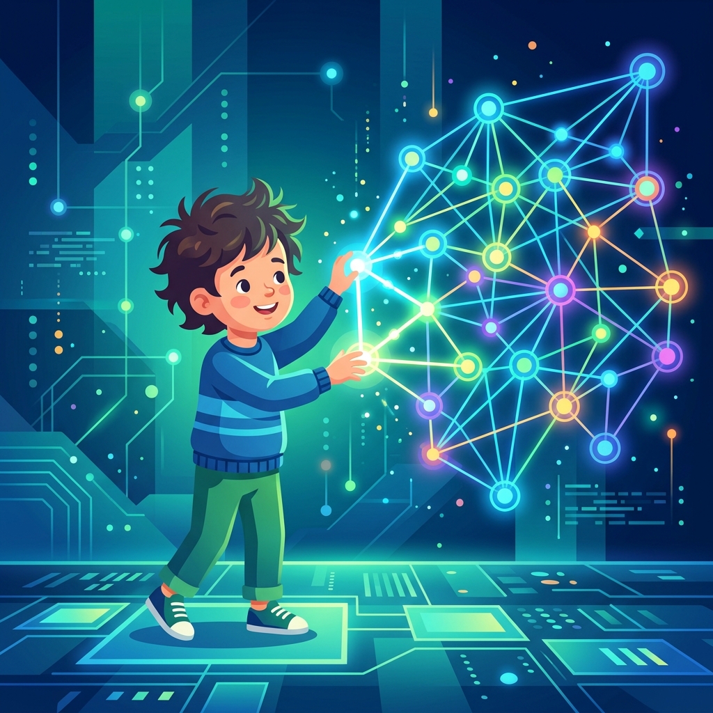 Oppilas vuorovaikuttaa neuroverkon visualisoinnin kanssa